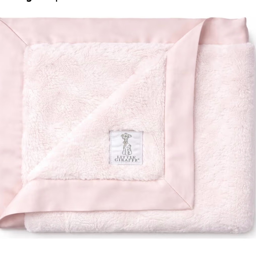 Little Giraffe Plush Baby Blanket in Soft Pink with Satin Trim